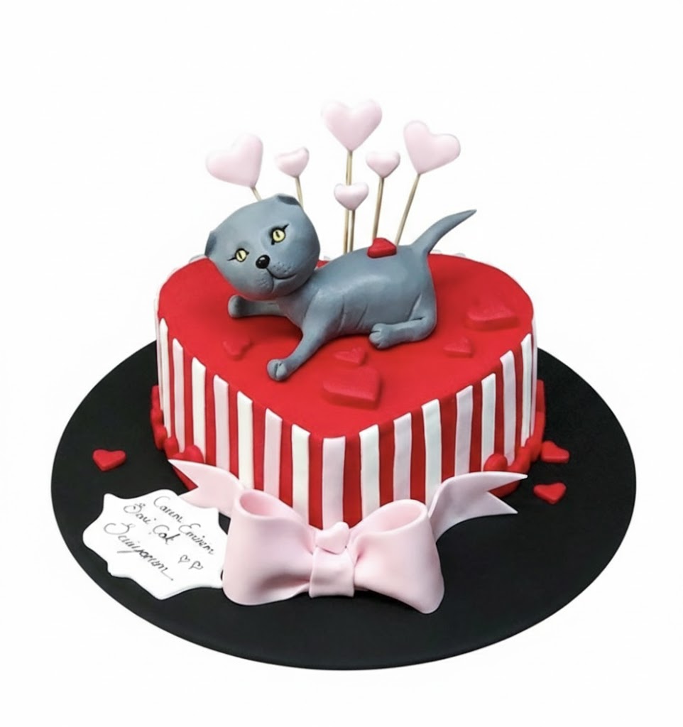 Kedili Kırmızı Kalp Pastası