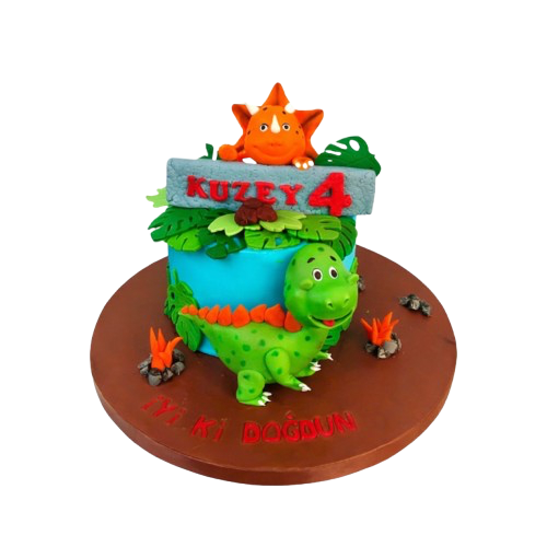 Sevimli Dinozor Figürlü Doğum Günü Pastası
