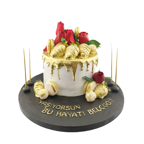 Altın Renkli Çiçekli Butik Pasta