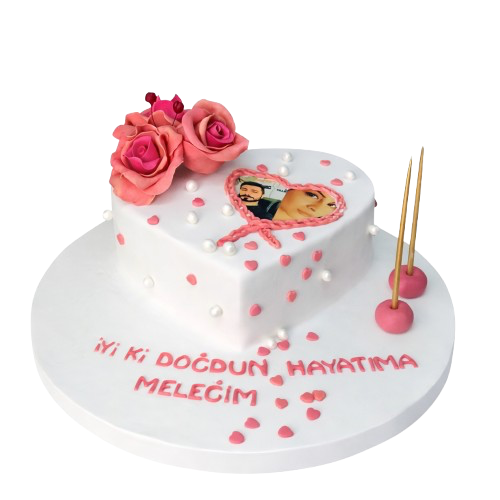 Fotoğraflı Güllü Kalp Pasta